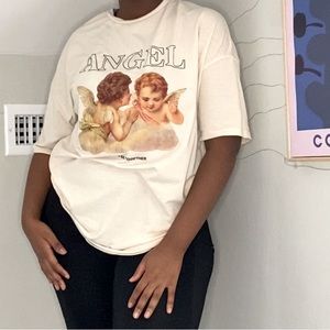 Cream coloured Tee, Womens, Large, With print, SHEIN